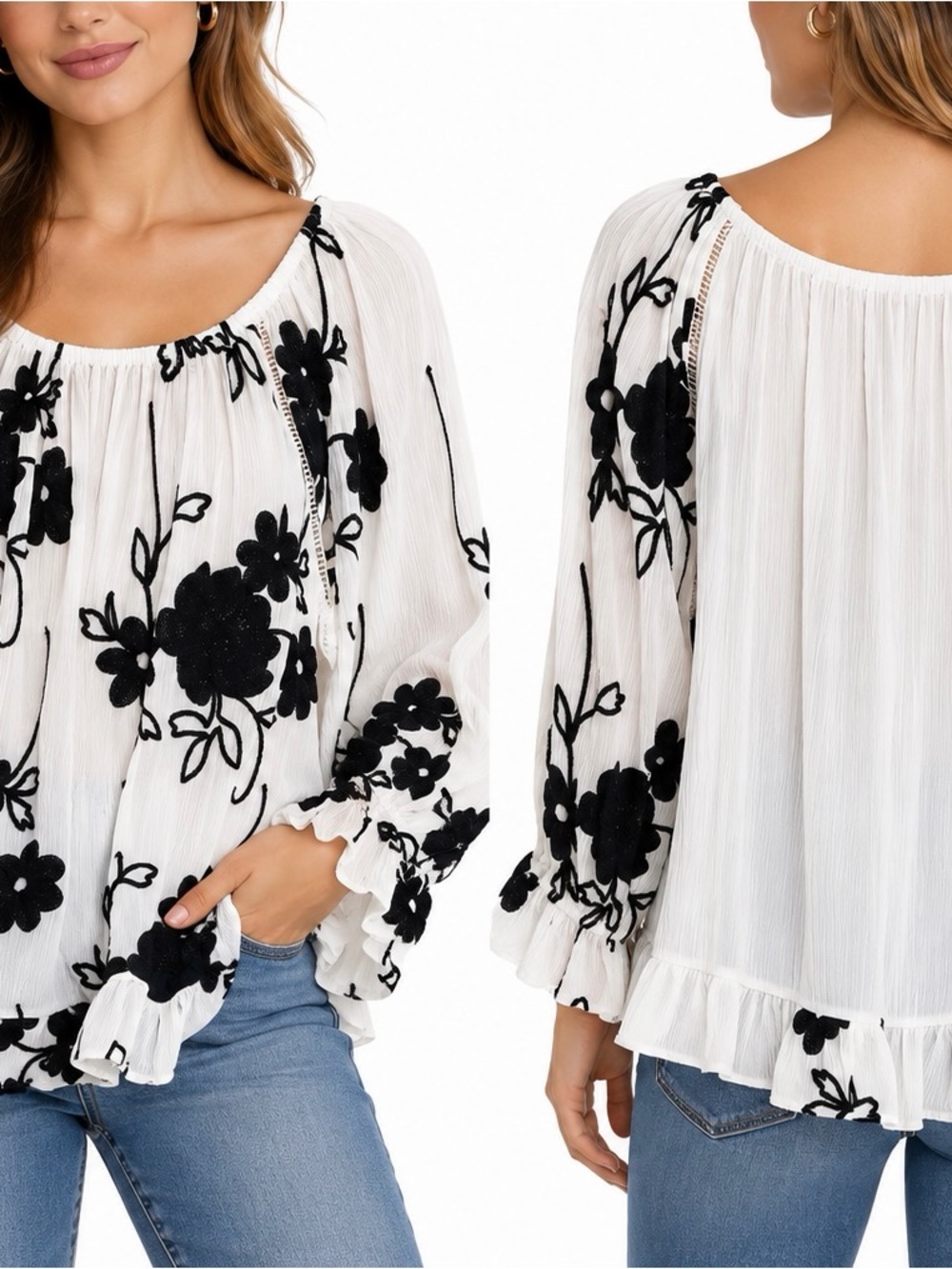 LIV Los Angeles White Black Floral Embroidered Ruffle Blouse XL